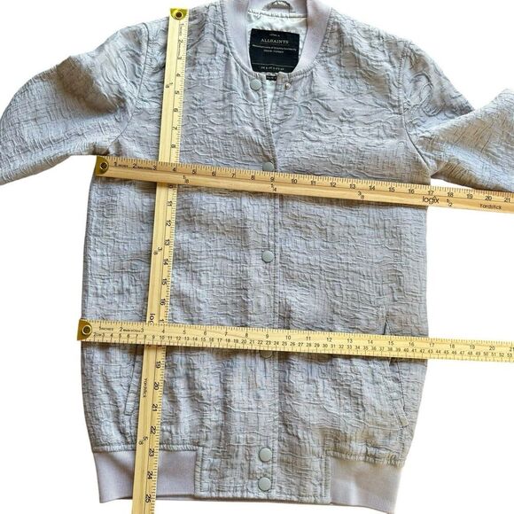 ALL SAINTS PAYTON Bomber Jacket Embossed Gray Snap Sz 2 lightweight Italian - Picture 7 of 11